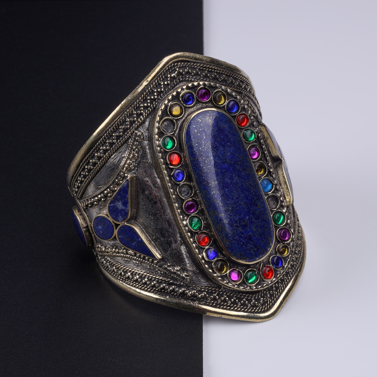 Lapis Lazuli Ancient Bracelet & Ring Set | Afghan Tribal Cuff Bracelet & Pear Ring