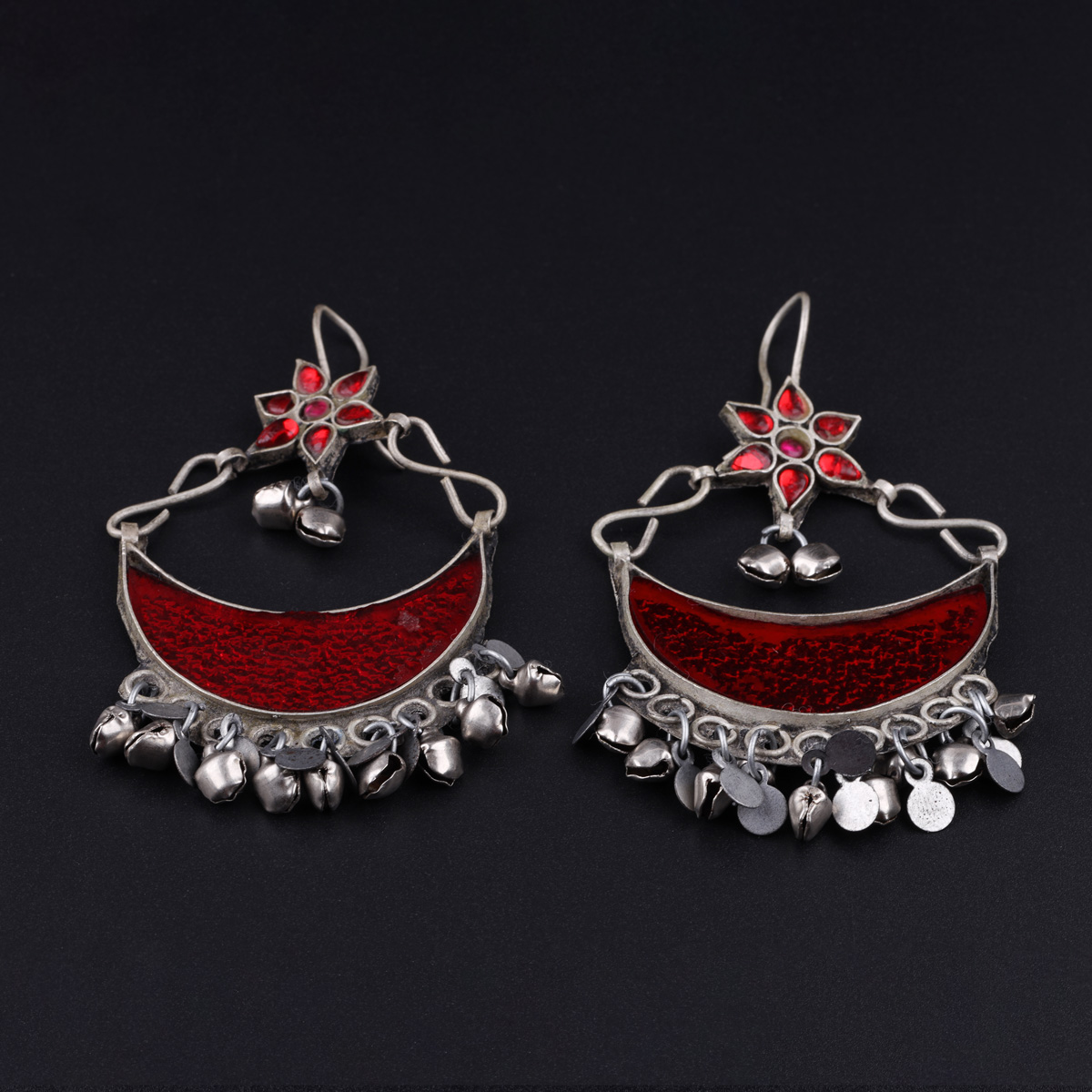Red Half-Moon Dangle Earrings | Afghan Tribal Hook Earrings 