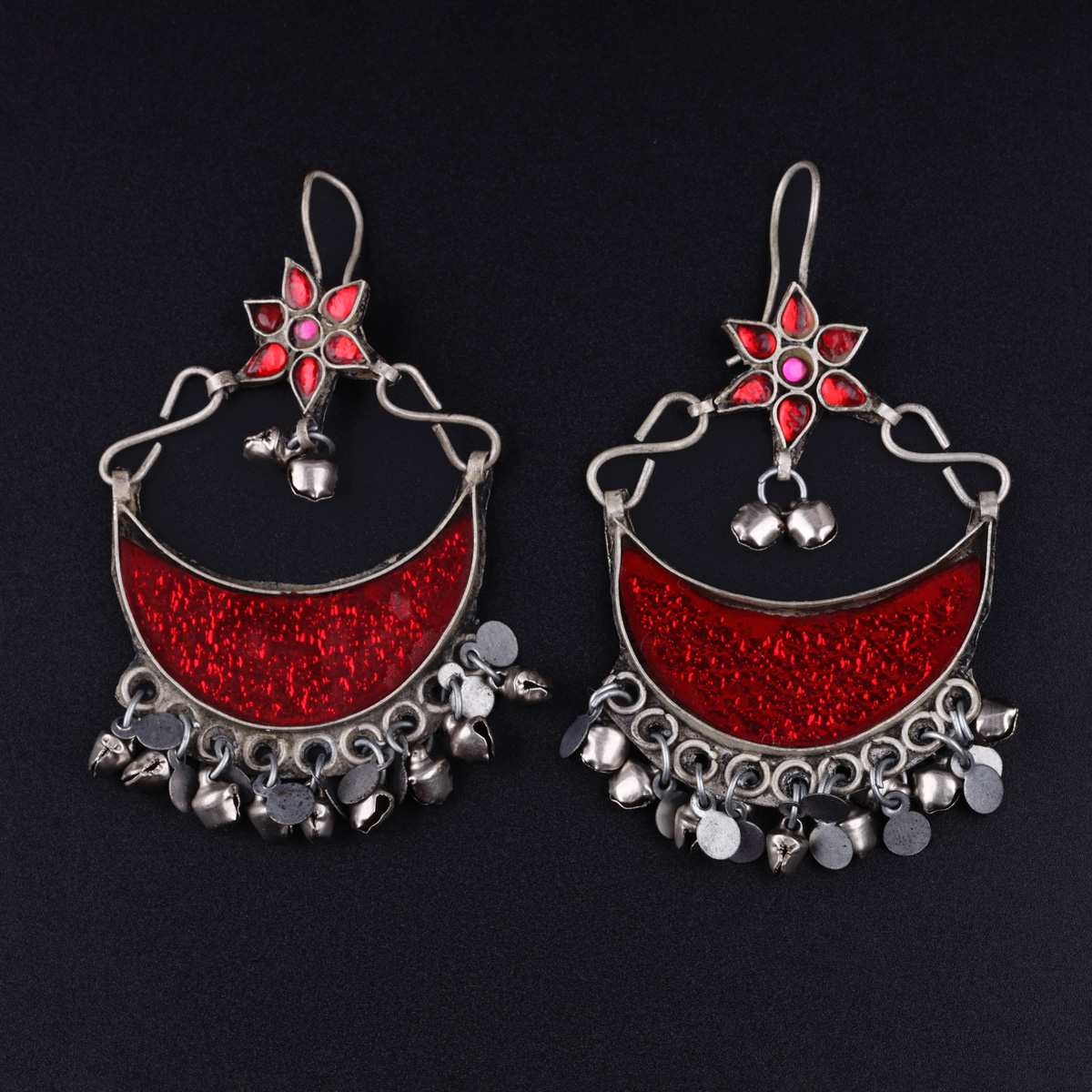 Red Half-Moon Dangle Earrings | Afghan Tribal Hook Earrings 