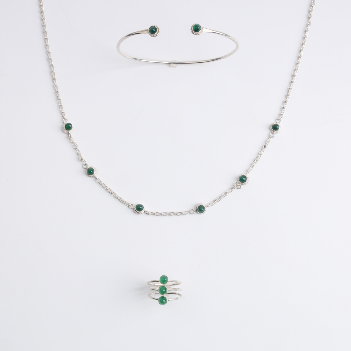 Silver Jewelry Set with Green Agate Stones