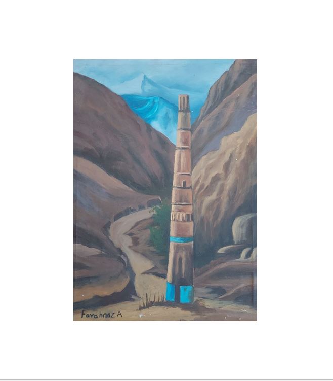 Solo Minaret Statue in Mountainous Splendor Painting | Oil Color Landscape Artwork