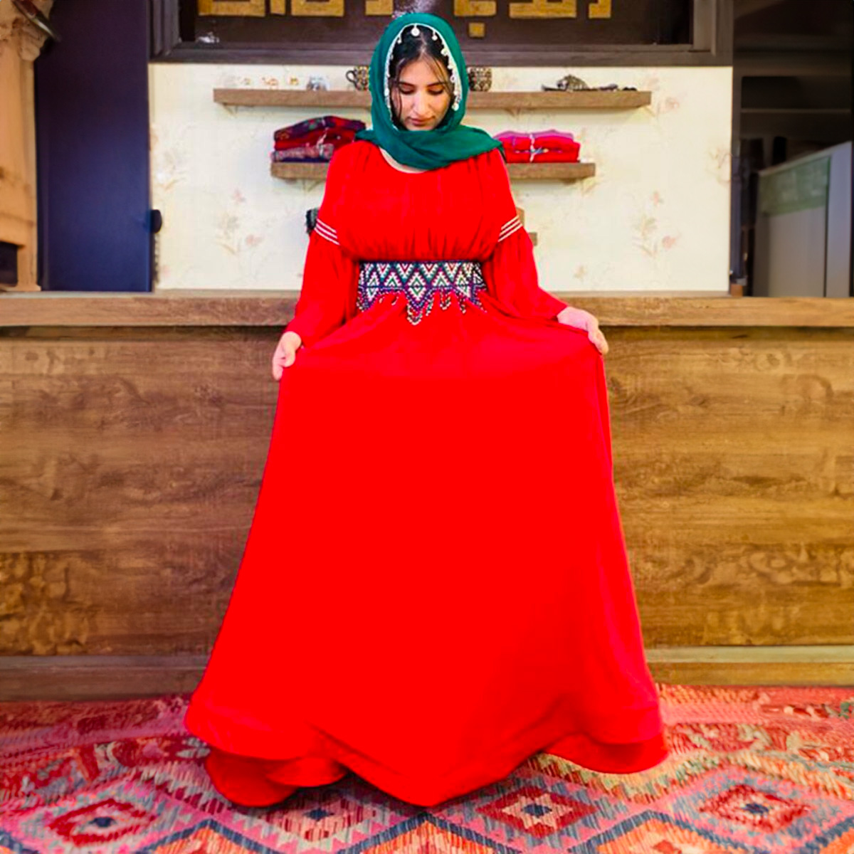 Cotton Belted Pleated Fancy Maxi | Red Flare Sleeves Maxi