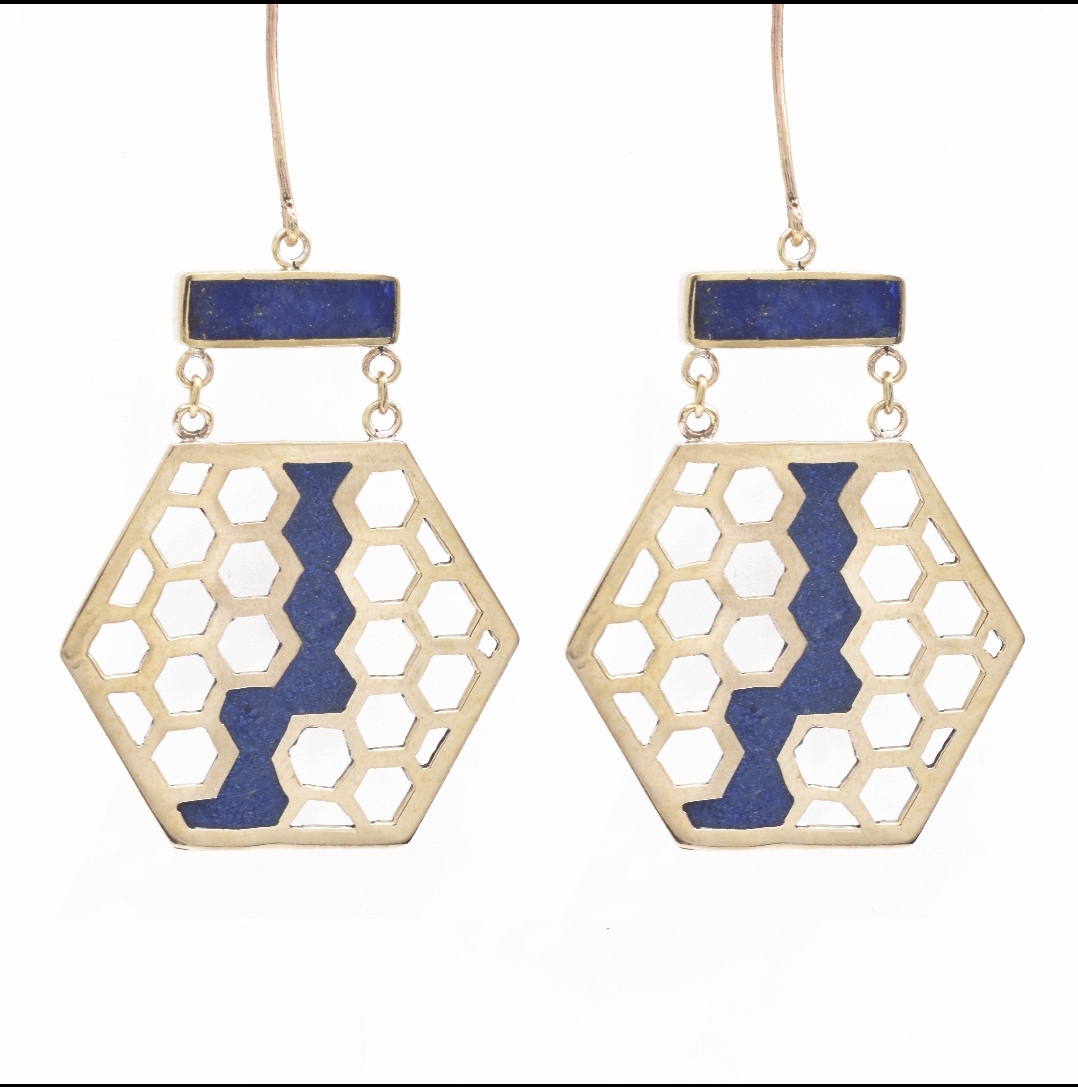 Lapis Lazuli Gold Plated Dangle Earrings | Brass Hexagonal Cut Earrings