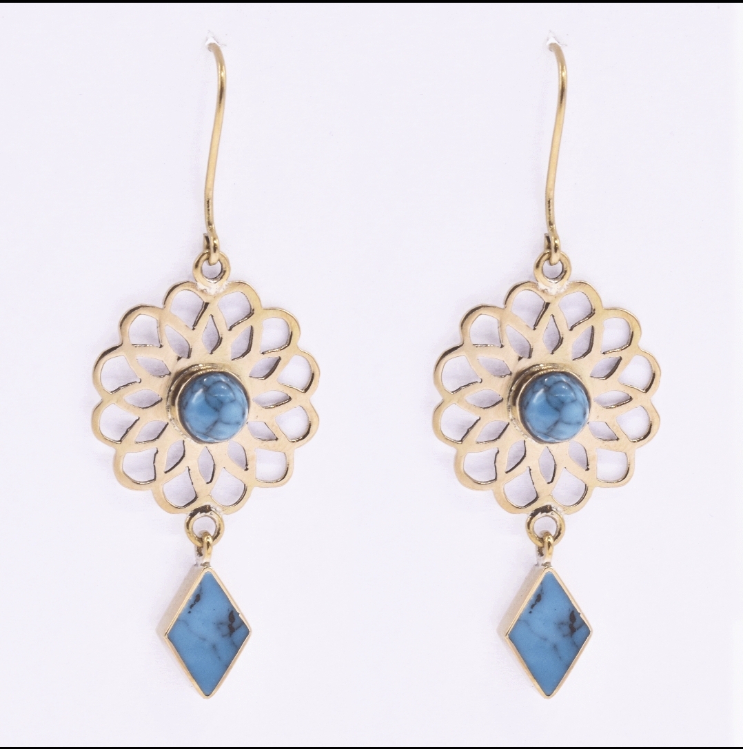 Turquoise Gold Plated Floral Earrings | Brass Munar Jam Dangle Earrings