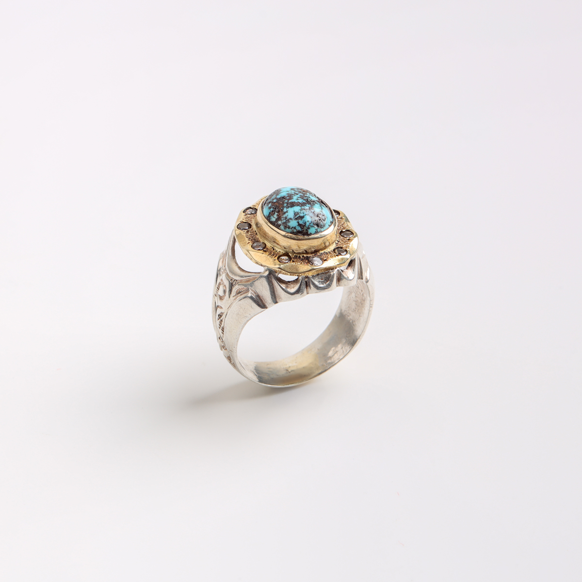 Men’s Turquoise Statement Ring in Sterling Silver & Brass