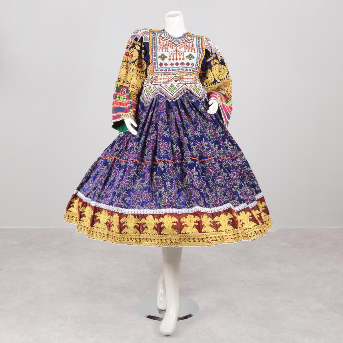 Blue Full Kuchi Embroidered Bridal Dress | Silk Velvet Balloon Sleeves Party Wear Frock 