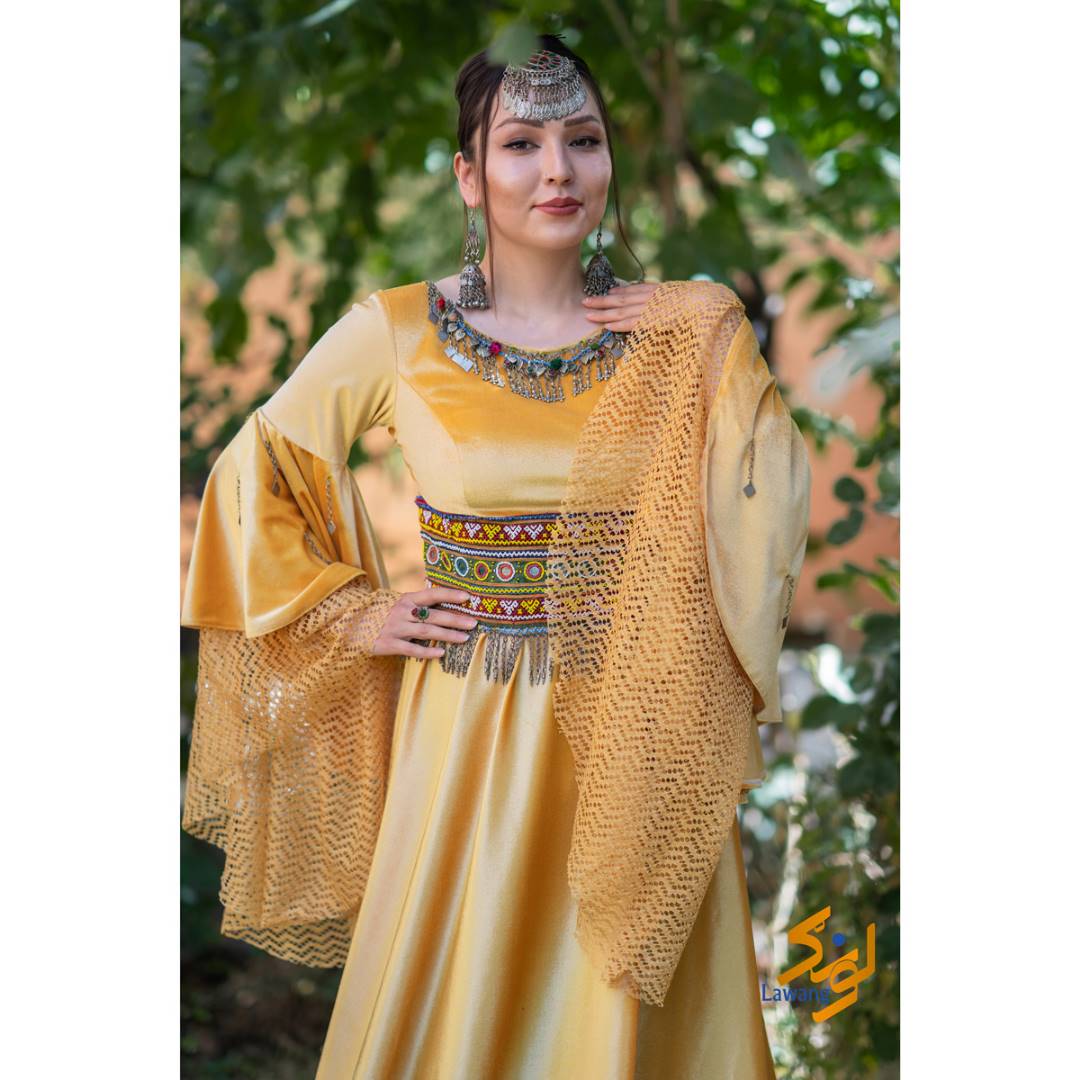 Yellow Bead & Embroidered Long Maxi | Silk Trumpet Sleeves Party Wear Belted Dress
