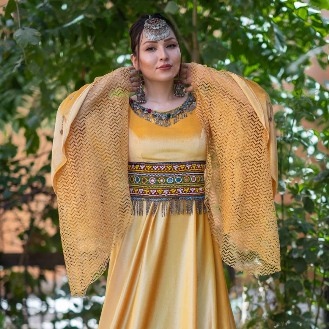 Yellow Bead & Embroidered Long Maxi | Silk Trumpet Sleeves Party Wear Belted Dress