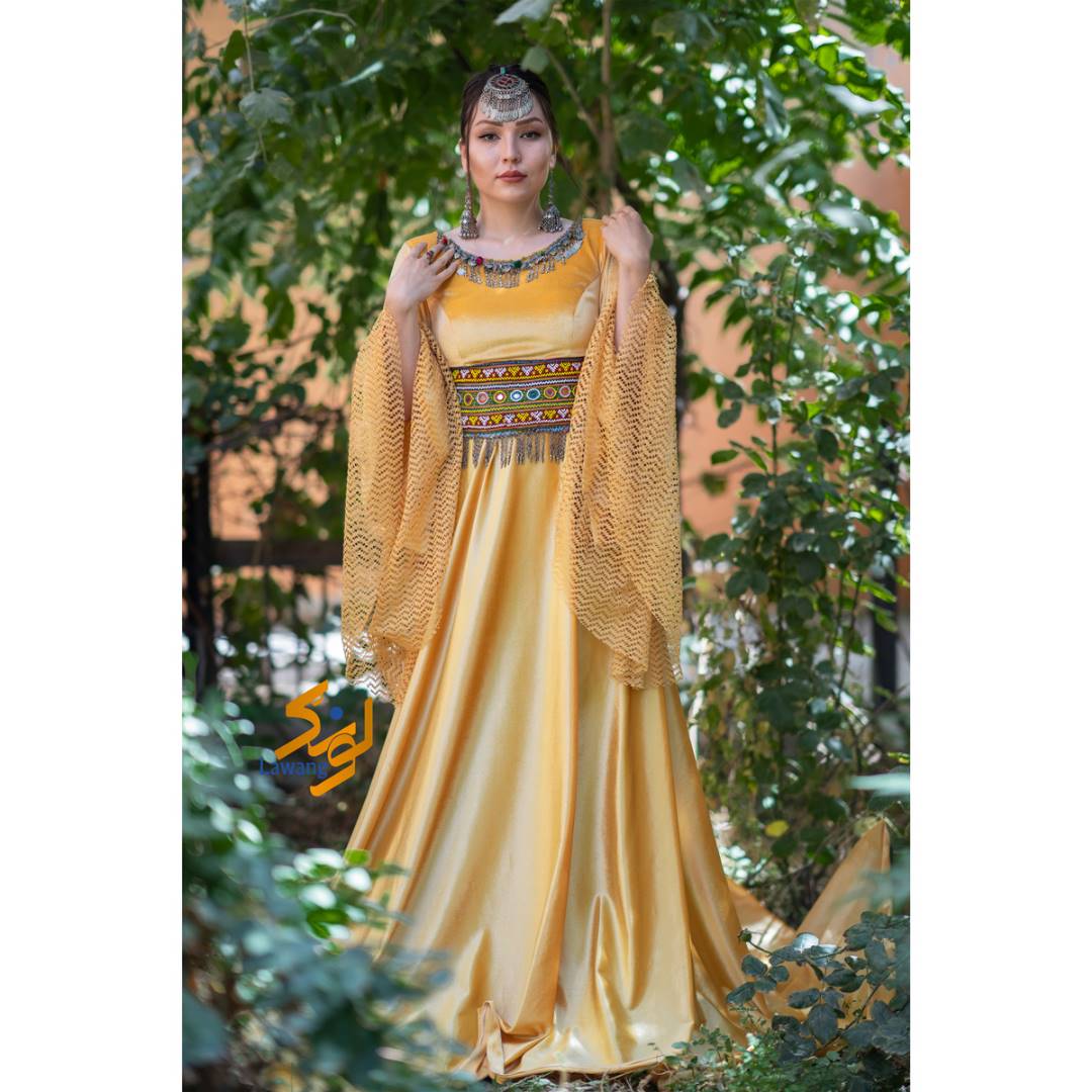 Yellow Bead & Embroidered Long Maxi | Silk Trumpet Sleeves Party Wear Belted Dress