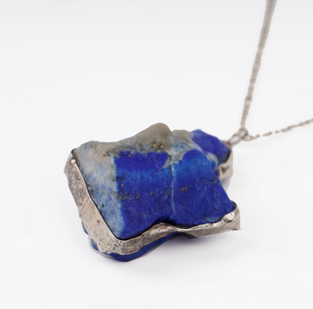 Lapis Lazuli Rough Cut Pendant | Silver Drop Chain Locket