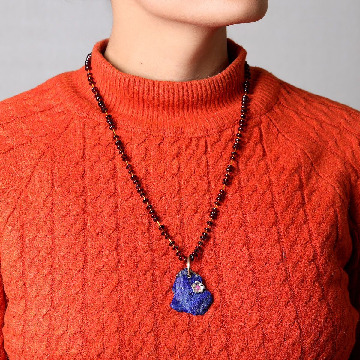 Lapis Lazuli & Garnet Beaded Lariat Pendant | Three Stone Drop Chain Locket