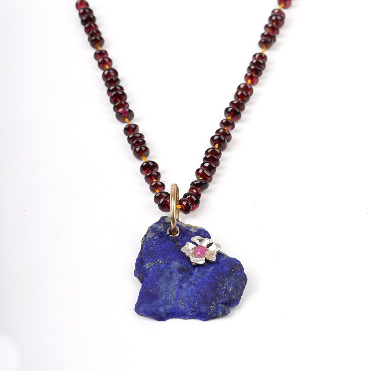 Lapis Lazuli & Garnet Beaded Lariat Pendant | Three Stone Drop Chain Locket