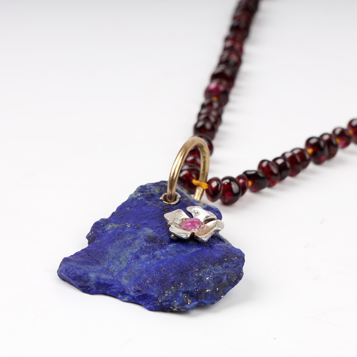 Lapis Lazuli & Garnet Beaded Lariat Pendant | Three Stone Drop Chain Locket