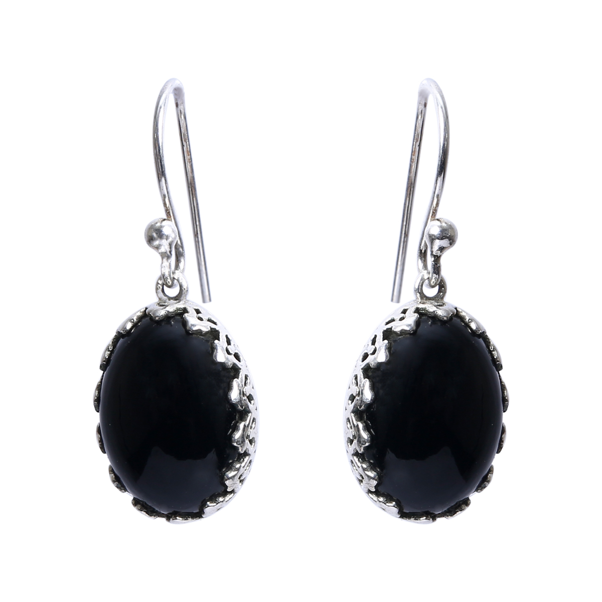 Black Agate Drop Earrings | Silver Round Hook Earrings