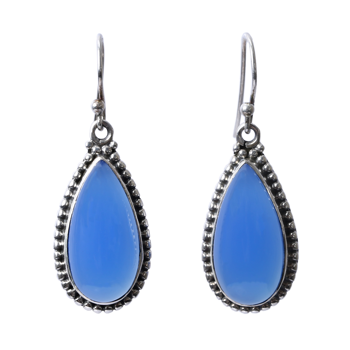 Blue Agate Hook Earrings | Silver Flat Pear Earrings