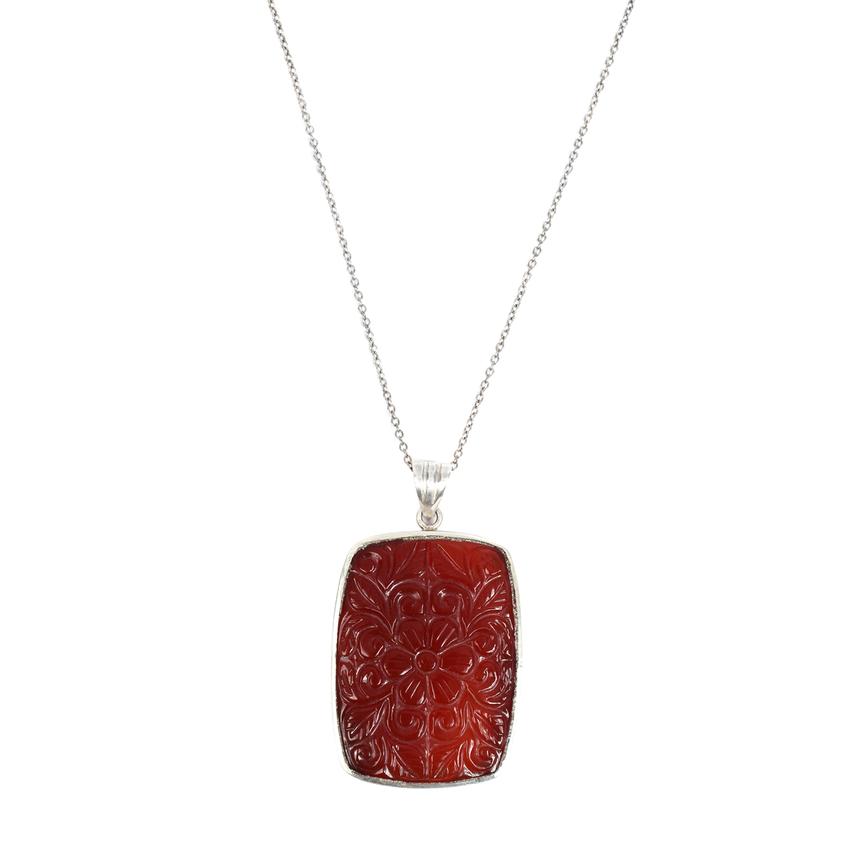 Red Carved Agate Pendant | Silver Rectangle Chain Locket 